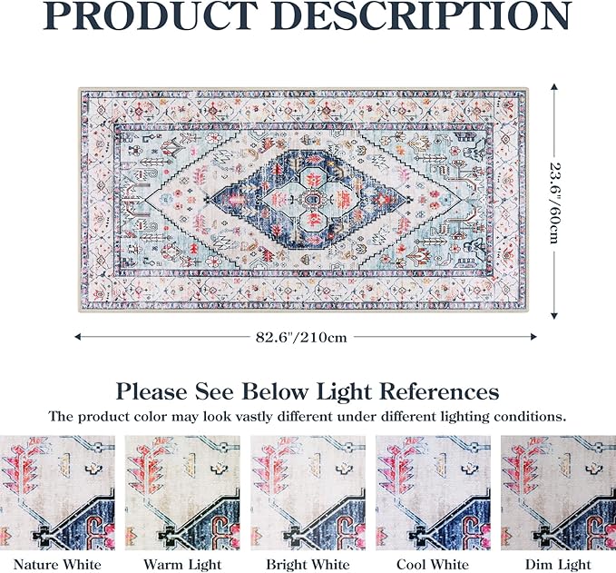 Lahome Boho Round Rug - 7Ft Washable Area Rug, Non-Slip Small Bathroom Rug, Lightweight Bedroom Throw, Oriental Distressed Print Carpet for Entryway, Sofa, Nursery, Kids Room