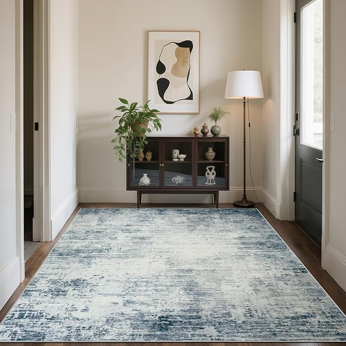Washable Rug 6x9 Area Rugs, Abstract Washable Rugs with Non-Slip Backing, Stain Resistant Indoor Floor Carpet for Bedroom Dining Room Table Nursery Hallway Home Office-Blue/Ivory