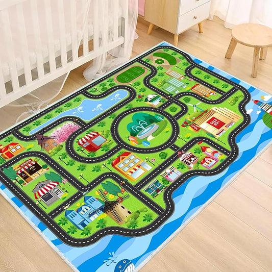 Car Rug,Kids Play Rug with Roads,Playroom Toy Car Rug, Car Track Rug City Map for Bedroom Classroom - (110X78.7 Inches)