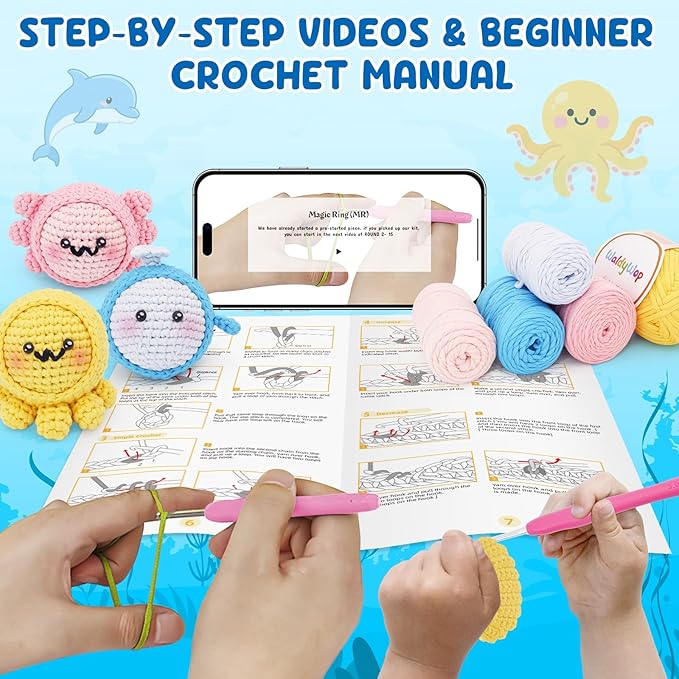 WaldyWop Crochet Kit for Beginners: 3PCS Crochet Animal Kits w/Stress Balls, Step-by-Step Video Tutorials - Wobbles DIY Craft Kit for Adults Kids - Gifts for Girls&Women (Dolphin, Octopus, Axolotl)