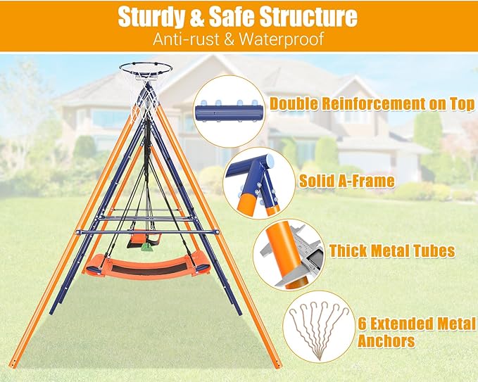 Swing Sets for Backyard 3 Seats - 6 in 1 Swing Set Outdoor for Kids, Extra Large Heavy Duty Metal Swing Frame with 3 Adjustable Swings, Climbing Ladder and Net, Basketball Hoop, Load 700 lbs