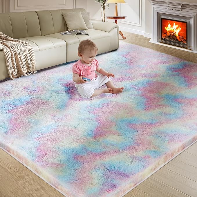 Ultra Soft Rug for Living Room, 3X5 Fluffy Shag Area Rug for Bedroom, Modern Shaggy Carpets Fuzzy Rug for Teens Dorm Nursery Home Decor Aesthetic, Upgrade Anti-Skid Durable, Rainbow