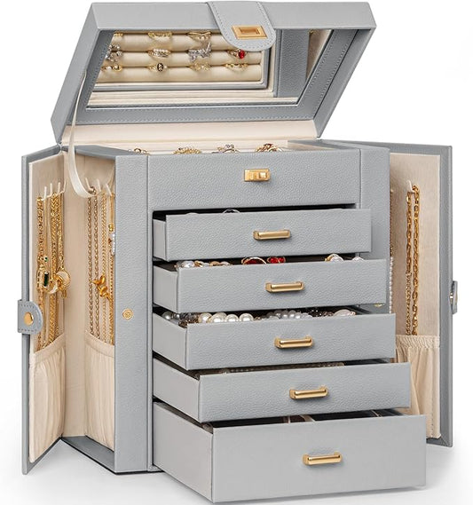 AKOZLIN 6-Tier Jewelry Box Organizer Functional 5 Drawers Leather Jewelry Storage Case for Women Girls Ring Necklace Earring Bracelet Holder Organizer with Mirror Grey