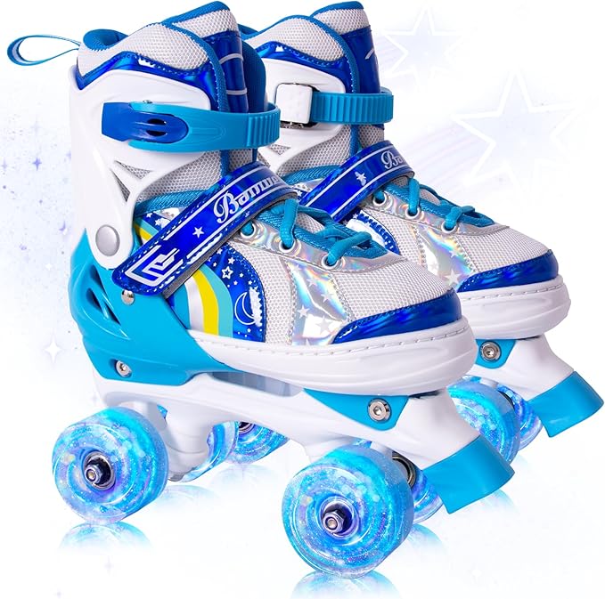 Rainbow Toddler Roller Skates - Size 4 Adjustable | Light Up Quad Skates for Girls & Boys Beginners Aged 3-12
