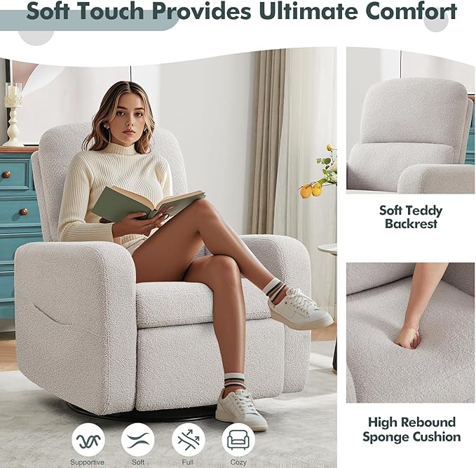 Swivel Rocker Recliner, Oversized Manual Nursery Glider Rocking Recliner with Removable Cushion, Upholstered Teddy Boucle Swivel Reclining Chair for Nursery Living Room Bedroom, Teddy Grey