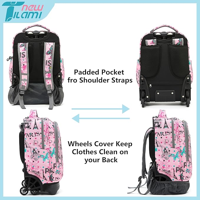 NEW TILAMI 18 inch Rolling Backpack for Kids, Waterproof, Adjustable Handle, Stair Climbing, Large Storage for School, Travel, Girls & Boys, Pink Paris