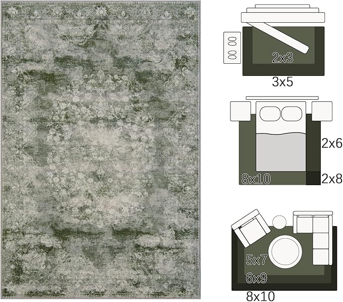 jinchan Green Floral 2x3 Rugs for Entryway - Vintage Washable Area Rug Ultra-Thin Low-Pile Soft Small Non-Slip Distressed Doormat for Entrance Kitchen Bedroom Bathroom (2x3ft,Forest Green)