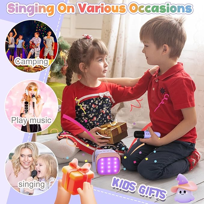 FLUESTON Mini Karaoke Machine for Kids Adults, Portable Bluetooth Speaker with 2 Wireless Microphones, Birthday Kids Gifts Toys for Girls Ages 3, 4, 5, 6, 7, 8, 9,10,11,12+ Years Old