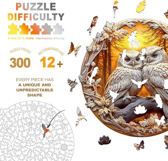 Wooden Puzzles for Adults - Couple Owl Wooden Jigsaw Puzzle - Unique Animal Shaped Wood Puzzles Adult - Creative Birthday Gift Family Game 300pcs
