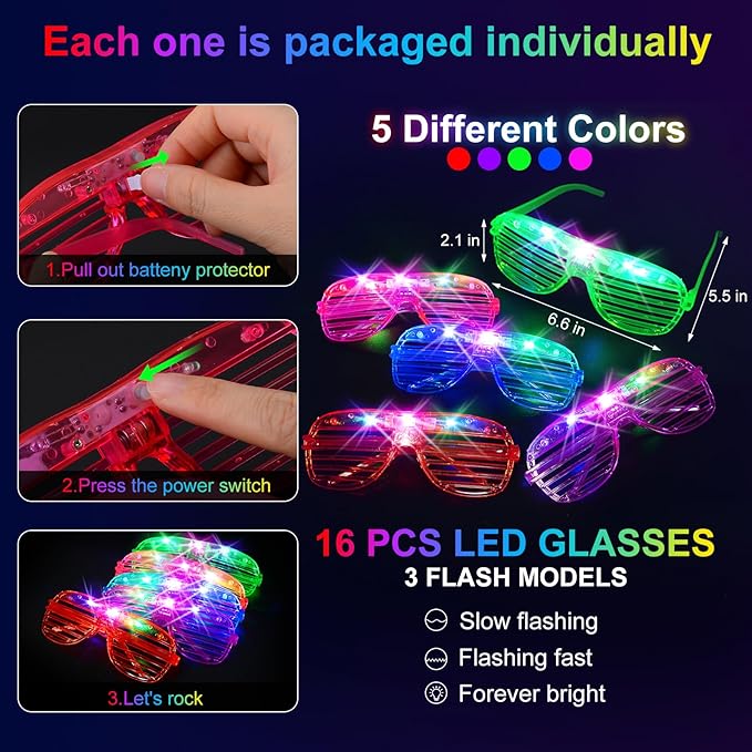 150 PCS Glow in the Dark Party Supplies, 16 Foam Sticks, 16 LED Glasses, 100 Glow Sticks and 18 Finger Lights for Neon Party, Wedding, Birthday, Concert, New Year, Carnivals, Raves