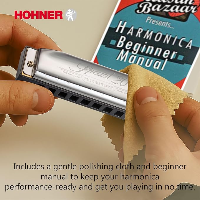 Hohner Special 20 Harmonica - Key of C Bundle with Key Stickers, Plastic Case, Instructional Manual, and Austin Bazaar Polishing Cloth