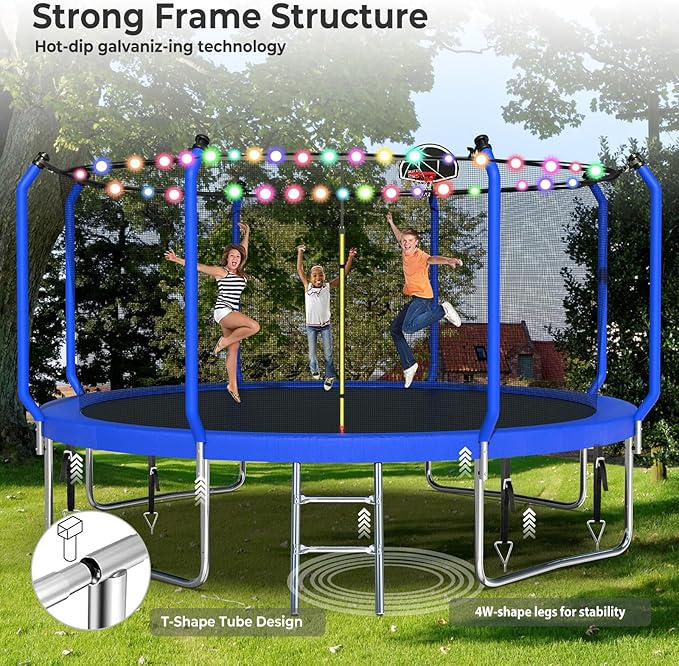 Upgraded Trampoline 8FT/10FT/12FT/14FT With Basketball Hoop, Light, Sprinkler, Stakes - Outdoor Backyard for 4-6 Kids and Adults