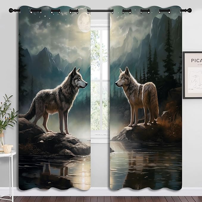Wolf Blackout Curtains for Boys Girl Bedroom Decor,Moon Mountain Pine Forest Wild Animals Thermal Insulated Grommet Drapes Darkening Window Curtain for Living Room Home 72x63 inch