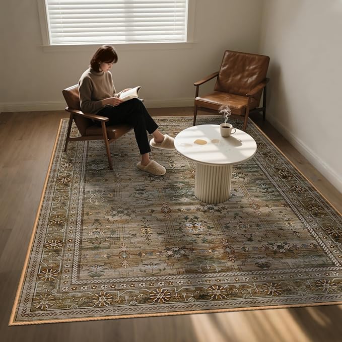 4x6 Area Rug for Bedroom Machine Washable, Non Slip Vintage Floral Kitchen Rugs for Dining Room, Low Pile Indoor Floor Print Carpet for Nursery Farmhouse Home Office Olive/Charcoal