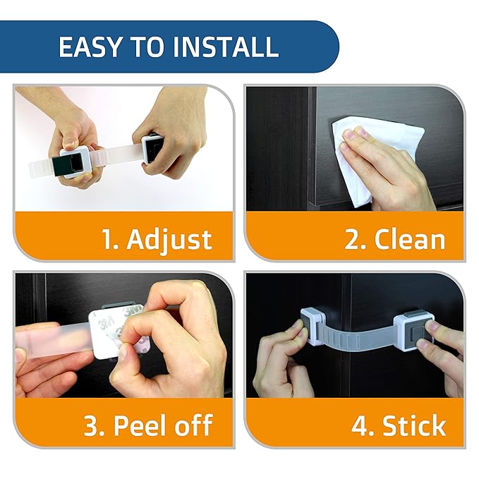 Child Safety Locks (4-Pack) - Baby Proof Cabinets, Drawers, Toilets & Appliances- Adjustable Strap Length, Double Lock Option - Easy Latch for Adults to Open