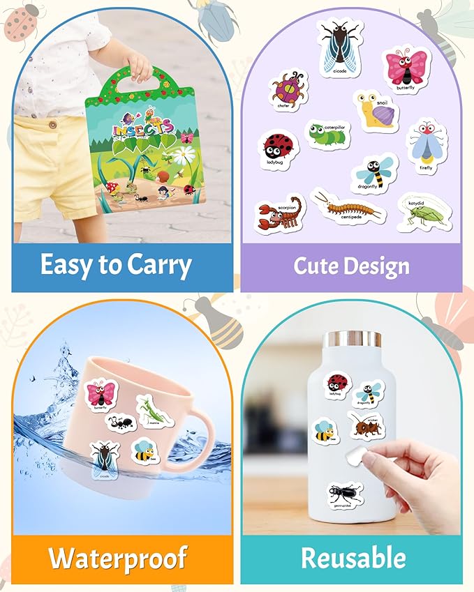 Benresive Reusable Sticker Book for Toddlers 2-4 Years, Fun Travel Stickers for Kids, Waterproof Sticker Books for Toddlers 1-3, Crafts Activities for Todddlers 1-3 2-4 3-5 - Insect