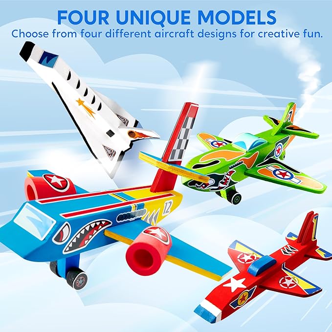 Klever Kits 4 DIY Wooden Aircrafts-Build & Paint Your Own Wooden Airplane Craft Kit, Art & Craft Kit DIY Projects, Easy to Assemble Birthday Gifts for Boys 6-12 Year Old