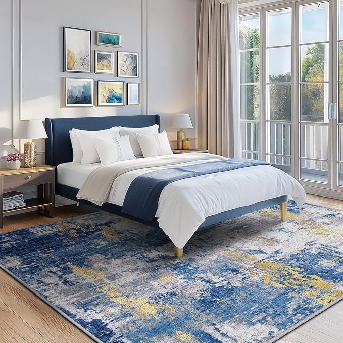 Washable Area Rugs 9'x12' Non-Slip Modern Abstract Soft for Living Room Entryway Bedroom Nursery, Print Pattern, Grey Blue Gold/Golden