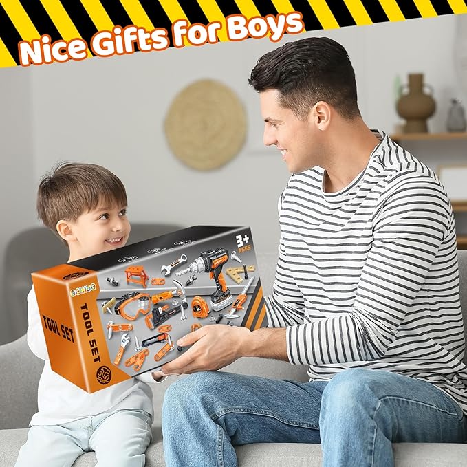 Kids Tool Set with Portable Tool Box & Electronic Toy Drill, Toddler Tool Set,Tool Play Toys Construction Tools for Kids Ages 3 4 5 6, Christmas & Birthday Gifts for Boys