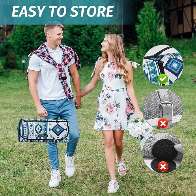 Picnic Blankets Extra Large Outdoor - Beach Blanket Waterproof Sandproof with Shoulder Strap, Machine Washable, Picnic Mat with Stakes for Grass Concert, Park, Lawn,Travel, Spring Summer. Blue