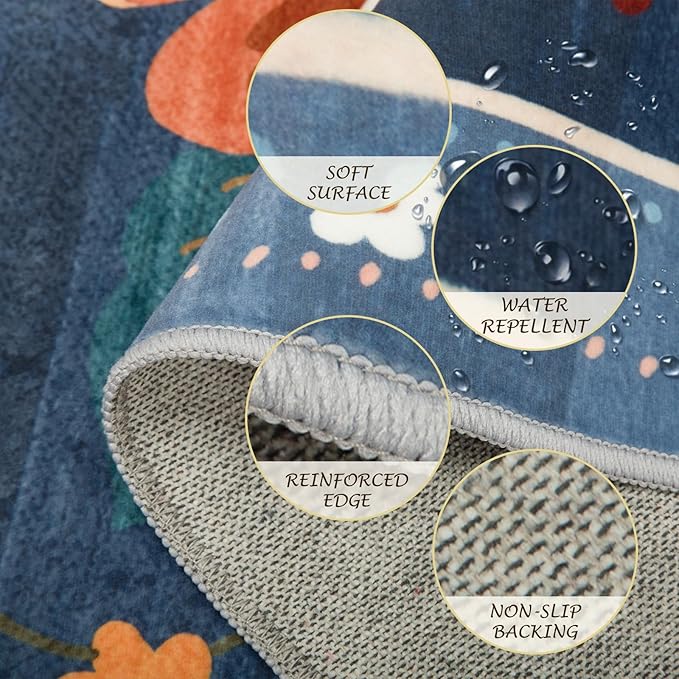 Floral 8ft Area Rug Machine Washable Soft Print Boho Carpet Non Slip Doormat Low Pile Flower Area Rugs for Living Room Bedroom Nursery Kitchen Dining Room Indoor-Blue/Grey