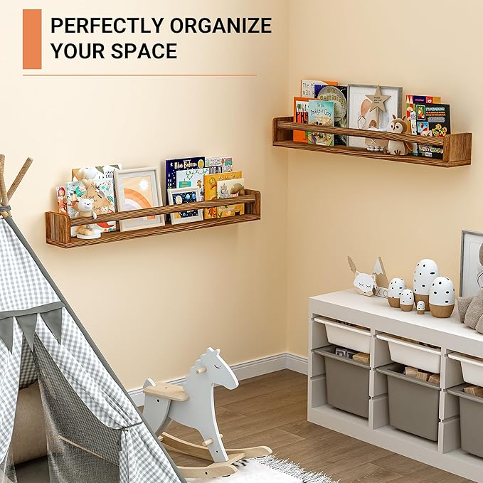 Heimlove 32 Inch Nursery Floating Shelves, Nursery Book Shelves for Wall, Wall Bookshelf for Kids Solid Wood Wall Mounted Shelves for Books,Toys and Decor Storage, Set of 2