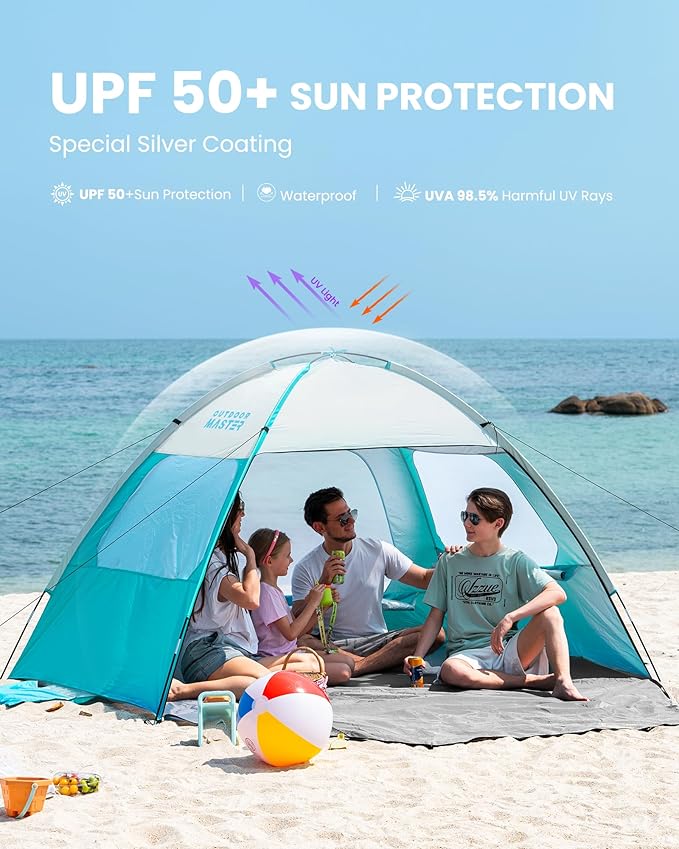 OutdoorMaster Beach Tent for 3/4 Person - Easy Setup Sun Shade Shelter, Portable Beach Shade Sun Canopy with UPF 50+ UV Protection, Removable Skylight Family Size