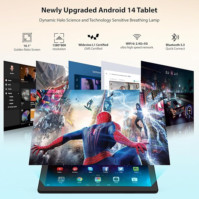Tablet 10 inch Android 14, Octa-Core, 10GB RAM 64GB ROM 1TB Expandable, Widevine L1, 1280x800 IPS Touchscreen, BT 5.4, Dual Camera with Flash (Black)