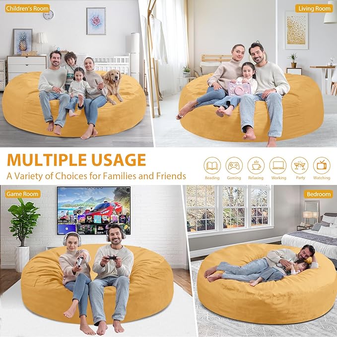 7FT Bean Bag Chair, Large Bean Bag Chairs with Memory Foam Filled, Fluffy Beanbag Sofa with Dutch Velvet Cover, Round BeanBag Chairs for Living Room, Playroom - Mustard