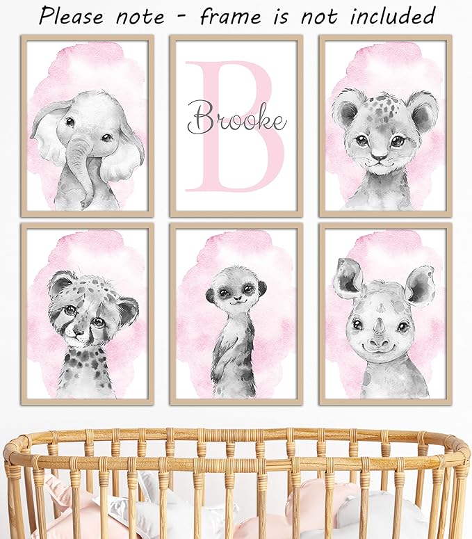 Safari Animals Set of 6 Unframed Poster Prints for Baby Girls Nursery Bedroom Playroom, Personalized Name, Choice of 12 Animals, Pink Purple (11x14)