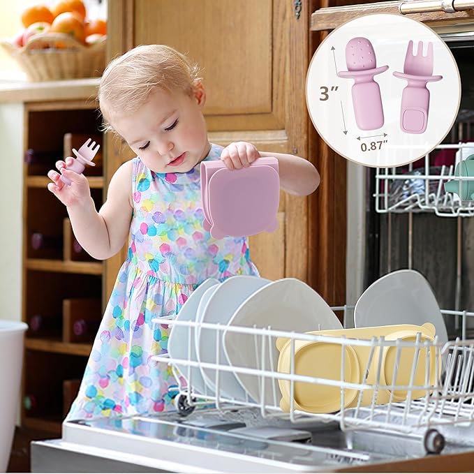 Silicone Foldable Novelty Dinner Plates,Suction Plates for Baby Travel Essential with Forks and Spoons,Microwave & Dishwasher Safe,Aqua