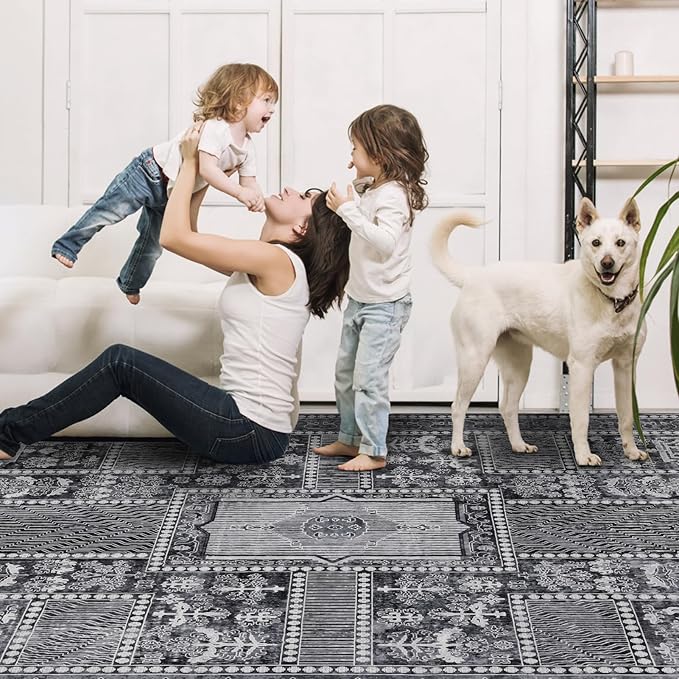 4x6 Washable Area Rug for Living Room, Carpet for Bedroom, Soft Faux Wool Retro Dining Room Rug, Non Slip&Non-Shedding Resistant Low Pile Vintage Print Rug for Home Office (Grey)