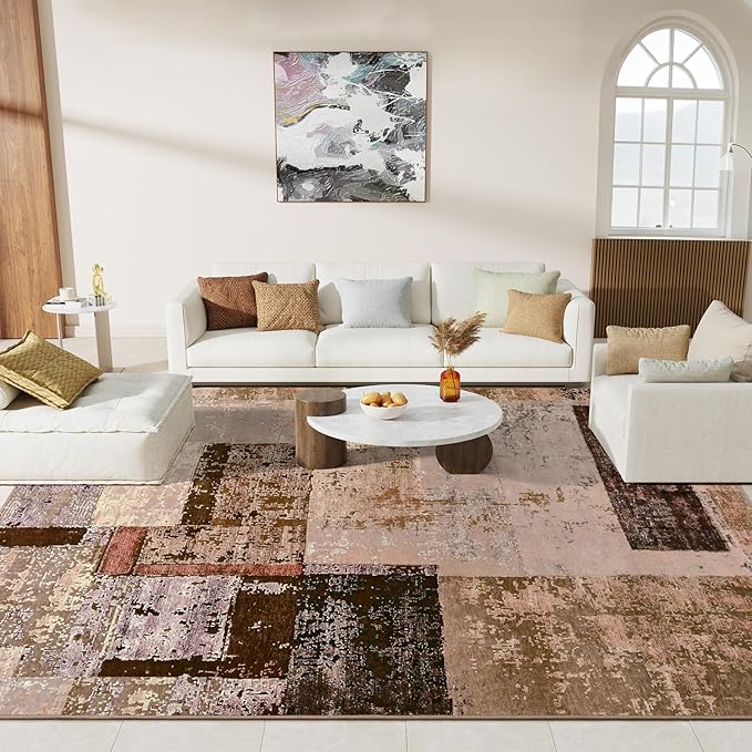 LOCHAS Rug for Living Room, Washable Soft Area Rugs for Bedroom 6x9, Abstract Carpet for Indoor Office Kids Dining Room Nursery Floor, Brown Geometric Vintage Home Decor, Non Slip, Pet Child Friendly