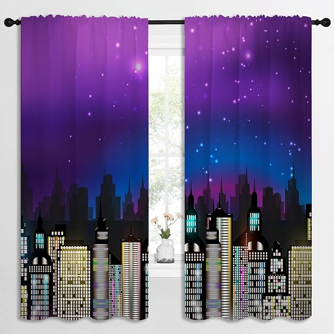 Superhero Rod Pocket Blackout Curtains for Boy Girl Bedroom, Super City Skyline Buildings Night Panorama Thermal Insulated Home Window Drapes for Living Room Darkening, 72x63 inch