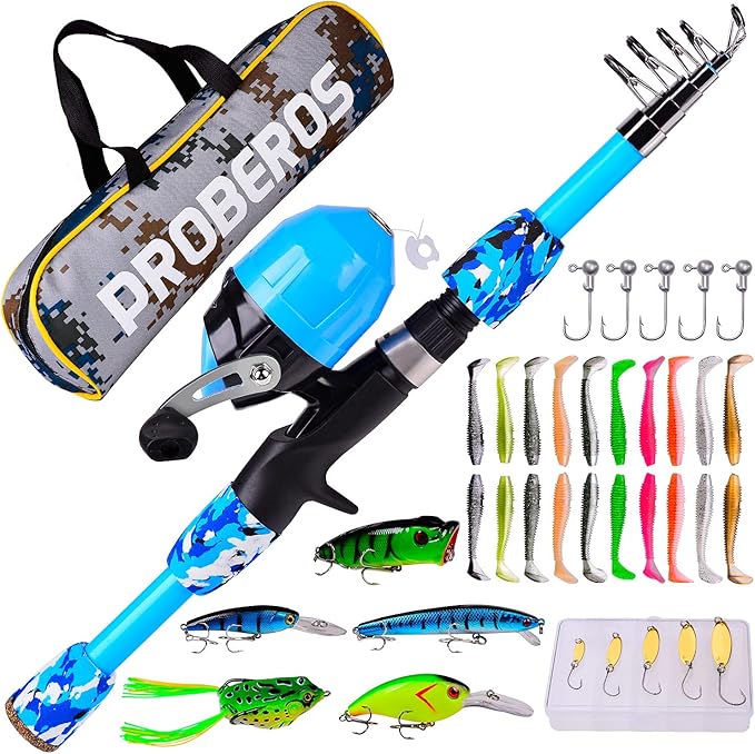 PROBEROS Kids Fishing Pole - Portable Telescopic Fishing Rod and Reel Combo Kit - Spincast Fishing Reel Casting Rods with Lures Lines Tackle Box and Bag for Boys Girls Youth Fishing