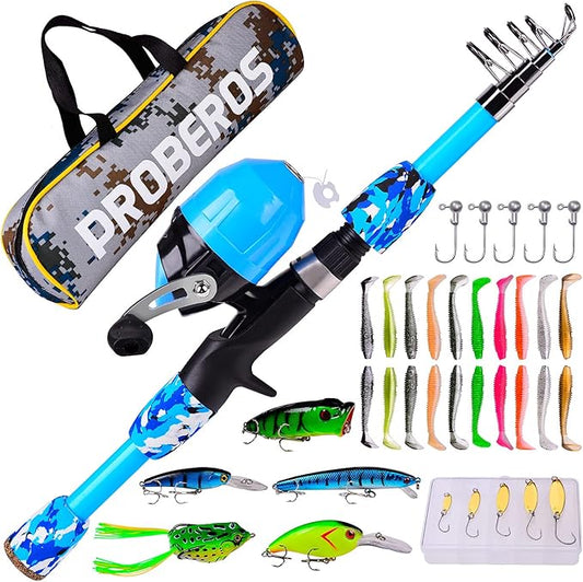 PROBEROS Kids Fishing Pole - Portable Telescopic Fishing Rod and Reel Combo Kit - Spincast Fishing Reel Casting Rods with Lures Lines Tackle Box and Bag for Boys Girls Youth Fishing