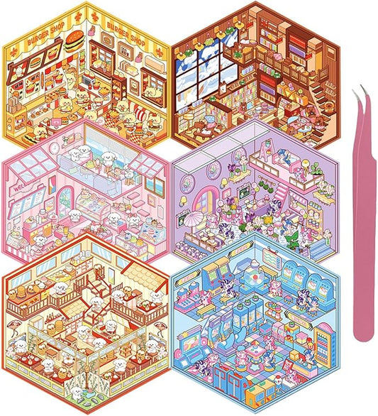 DIY 3D House Sticker, 6 Sets of Sticker Make Your Own Mini Shop Scenes Stickers for Kids Kawaii Cartoon Scene Stickers for Adult Relief Stress Pass The Time