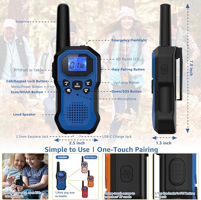 Walkie Talkies for Adults Long Range 2 Way Radios for Kids Rechargeable 4 Pack, Hiking Camping Skiing Cruising Gear with Lamp, USB-C, SOS Siren, NOAA Alert, iVOX Hands-Free, One-Touch Pairing
