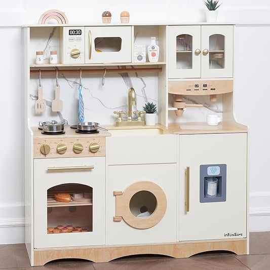 Wooden Play Kitchen for Kids with Realistic and Interactive Features, Includes 20 Toy Kitchen Accessories, Ideal Pretend Playset Gift for Kids and Toddlers Ages 3+