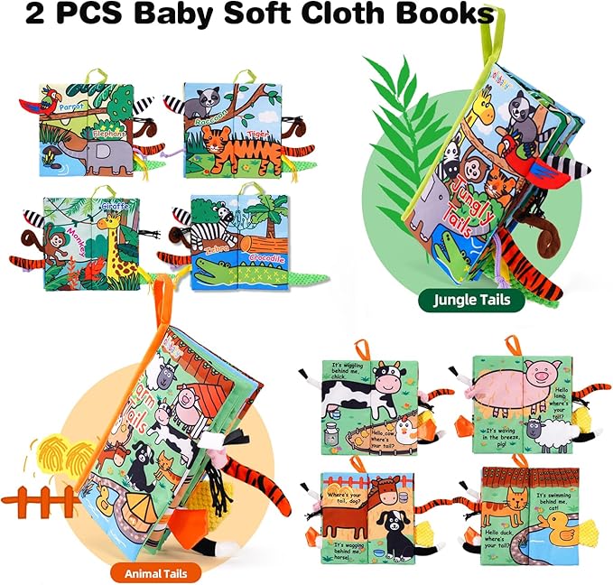 Jollybaby 2 PCS Sensory Touch and Feel Crinkle Books for Baby 0-6 Months, Jungle Farm Tails Montessori Car Set Toys for Tummy Time Newborn 6-12, Soft Fabric Cloth Books for Infant 1 Year Old Gift
