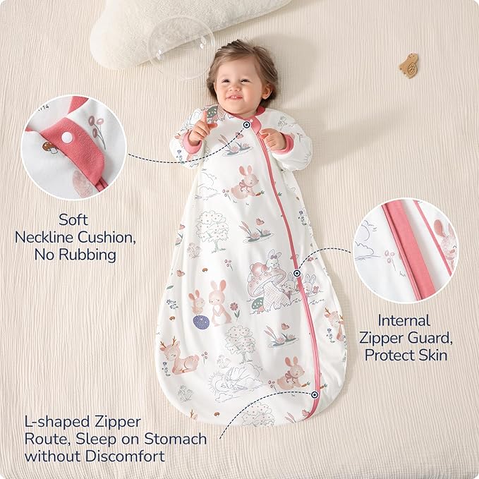 Baby Sleep Sack 12-18 Months, Cotton Detachable Long Sleeve Sleep Sack, 1.0 Tog Toddler Sleeping Sack with Temperature Strips, 2-Way Zipper Wearable Blankets for Newborns, Bunny