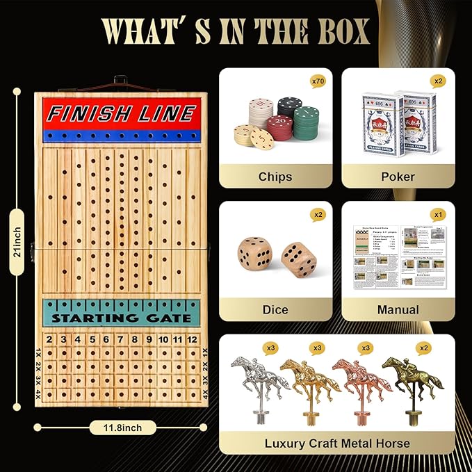 21 Inches Horse Racing Game, Horse Race Board Games with 11 Luxury Metal Horses,Thickened Wood Chessboard,Chips,Cards and Dice,Classic Wooden Table Top Board Games for Adults and Family