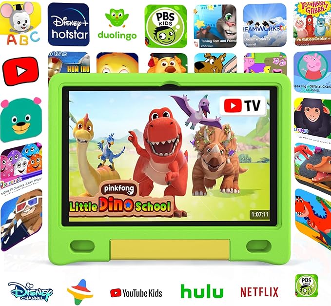 Tablet for Kids 10.1 inch Android 14 6000mHA 8GB RAM+64GB ROM(Expandable to 1TB Kids Tablet Age 3-12 with Case& Lanyard WiFi6 Google Kids Space Parental Control 1280 * 800 HD Screen Green