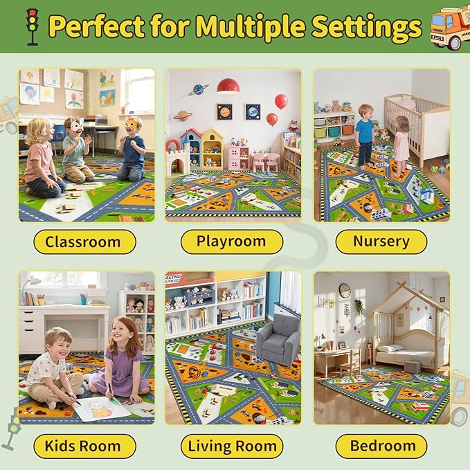 STARUIA Kids Cars Rug for Playroom, 5.3x6.6 Car Rugs for Kids Toy Cars, Non-Slip City Road Map Rug for Boy Bedroom, Educational Toddler Carpet Play Mat for Kid Room Classroom Nursery(63"x78")