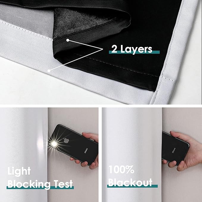 ChrisDowa 100% Blackout Curtains 90 inch Long for Bedroom with Black Liner, 2 Thick Layers Total Blackout Thermal Insulated Grommet Long Window Curtains 2 Panels Set (Greyish White, 52 x 90 Inch)