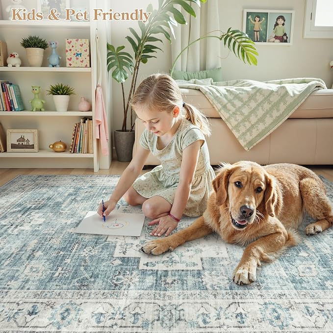 LIVEBOX Washable Area Rug 9x12 Rugs for Living Room Bedroom, Non-Slip Boho Indoor Carpet for Dining Room Office, Low-Pile Farmhouse Soft Carpets for Kids Nursery Room Playroom, Blue