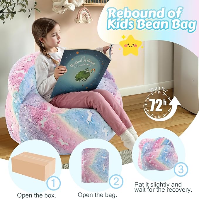 COMAX Bean Bag Chair for Kids, Convertible Toddler Beanbag Bed Unicorn, Children Bean Chair Stuffed to Floor Mattress with Filler, Growing Colorful Rainbow