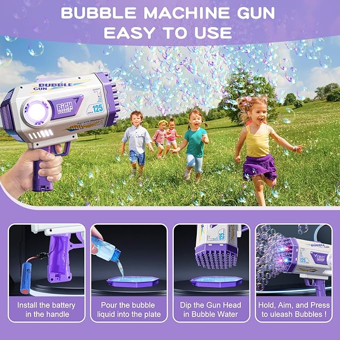 Bubble Gun, 125 Holes Bubble Machine Gun, Bubble Blaster Gun for Kids, Rechargeable Bubble Gun with Bubble Solution, Summer Toy Party Favors Bubble Maker for Wedding Birthday (Purple)