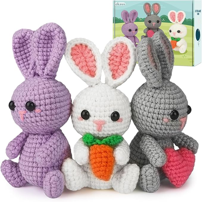 ekaus Crochet Kit for Beginners, Crochet Kit with Step-by-Step Video Tutorials, Crochet DIY Knitting Supplies for Adults Kids, Crochet Rabbits(45%+ Yarn)