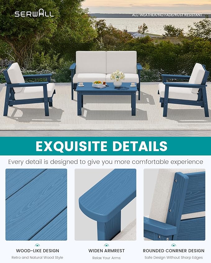 SERWALL Outdoor Patio Furniture Set, 5 Piece HDPE Patio Conversation Sets - Image 4